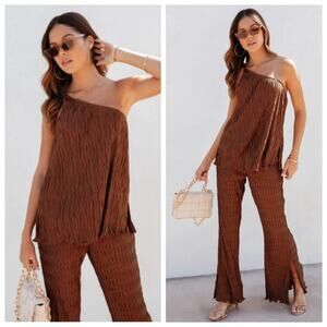 VICI Drift Away Textured  One Shoulder Top and Pants Outfit Set Co-Ord Sets